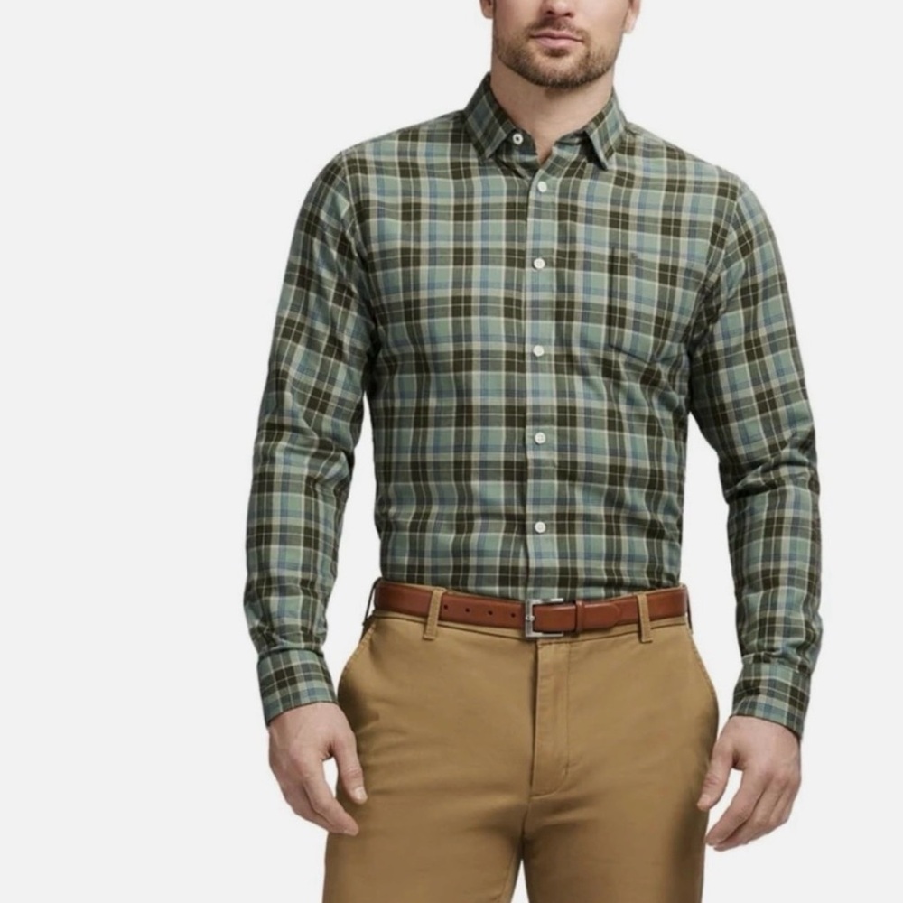 Izod Men’s Lux Touch Button Down Green Plaid Shirt XL